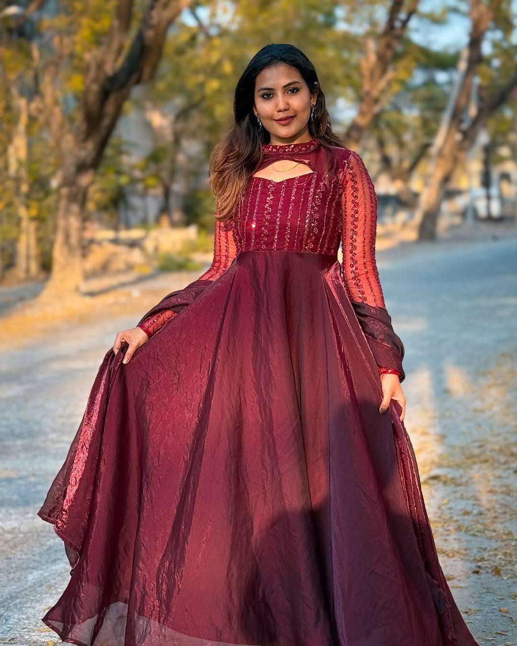 Women's Silk Heavy Embroidery Sequence Work Long Anarkali Kurti With Pant and Dupatta Set - Image 9